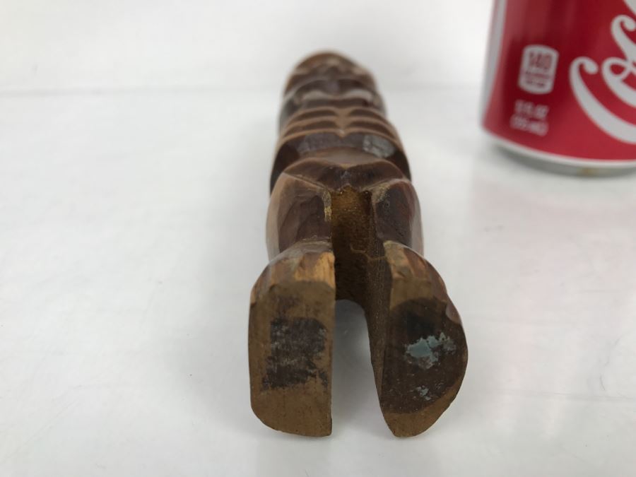 Vintage Small Wood Carving Statue Mother Of Pearl Eyes [Photo 9]