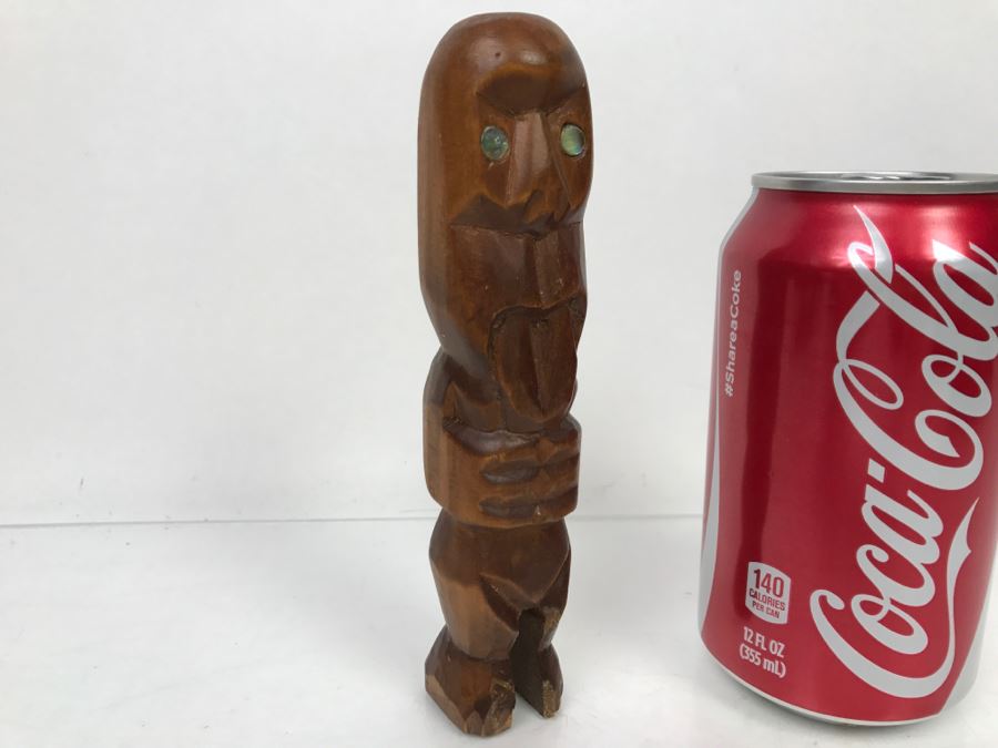 Vintage Small Wood Carving Statue Mother Of Pearl Eyes [Photo 5]