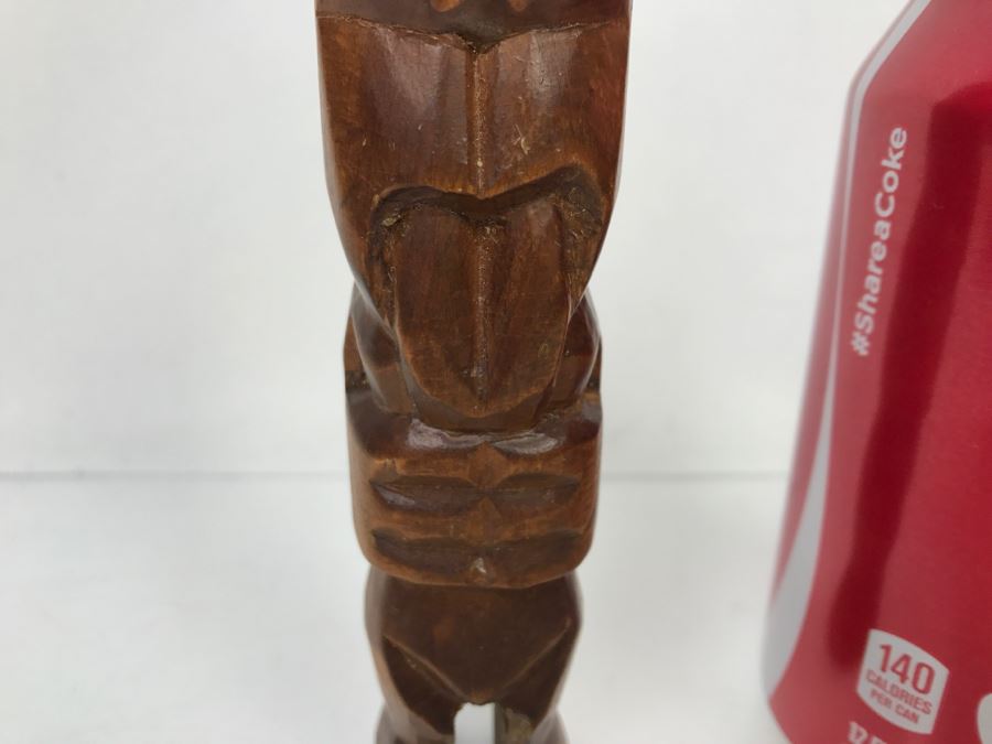 Vintage Small Wood Carving Statue Mother Of Pearl Eyes [Photo 3]