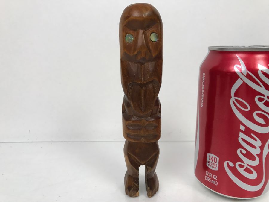 Vintage Small Wood Carving Statue Mother Of Pearl Eyes [Photo 1]