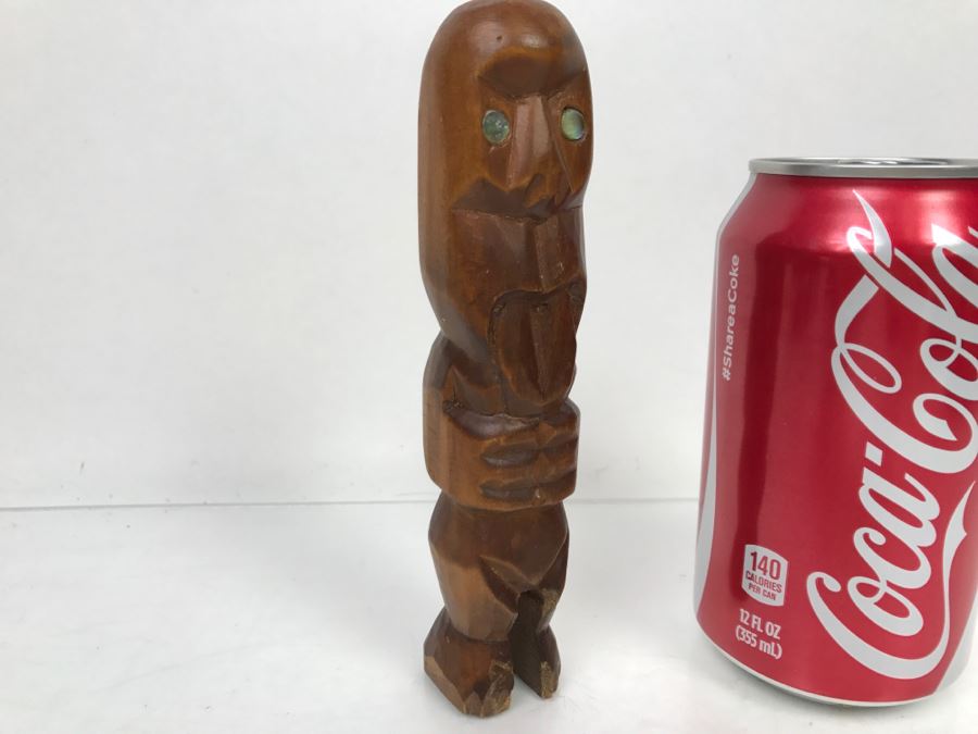 Vintage Small Wood Carving Statue Mother Of Pearl Eyes [Photo 6]