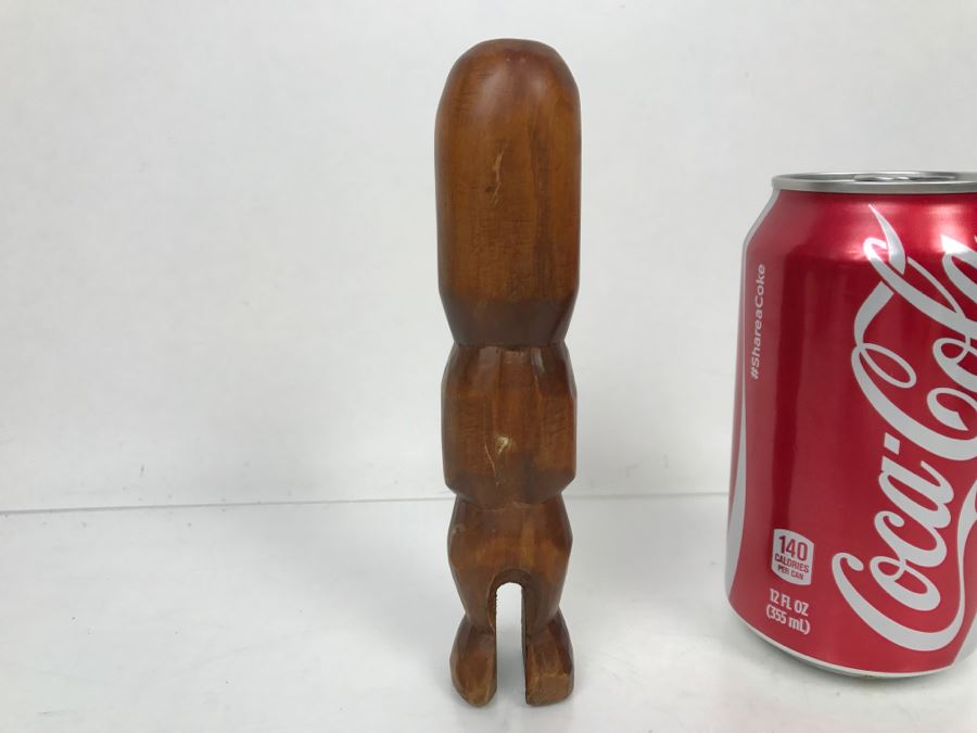 Vintage Small Wood Carving Statue Mother Of Pearl Eyes [Photo 8]