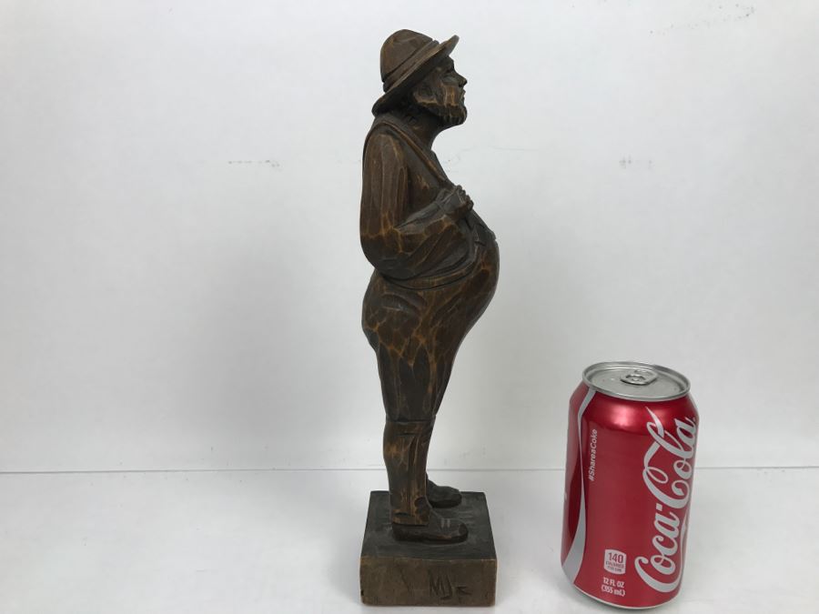 Vintage Wood Carved Sculpture Of Man With Overalls Signed MJC [Photo 1]