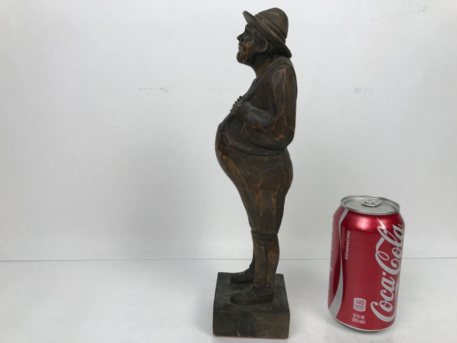 Vintage Wood Carved Sculpture Of Man With Overalls Signed MJC [Photo 2]