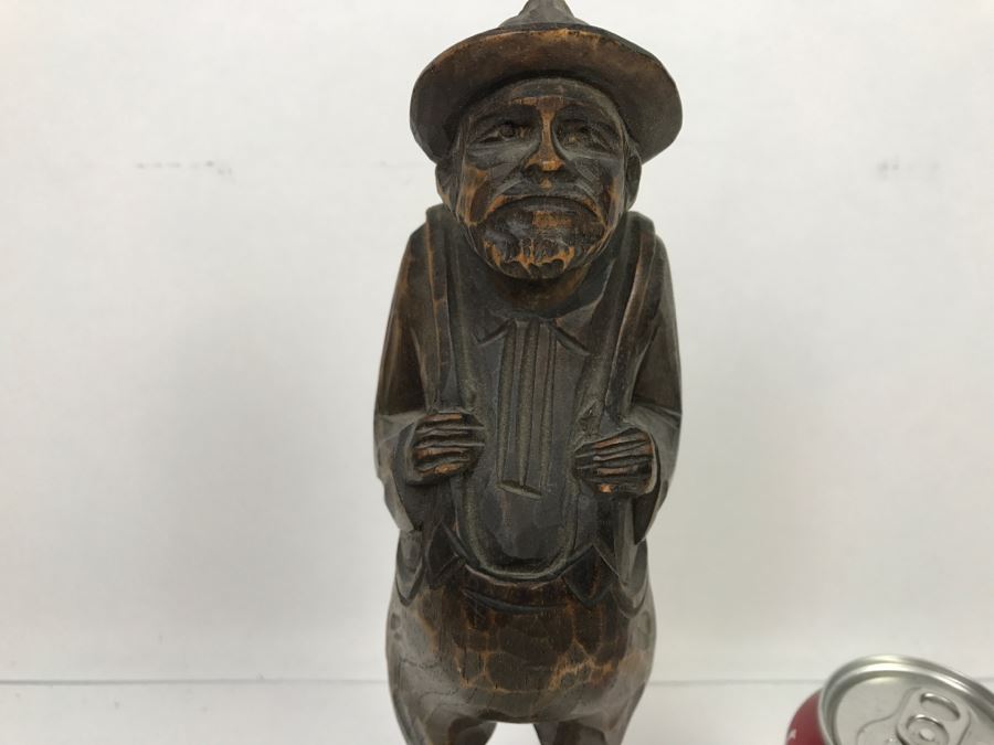 Vintage Wood Carved Sculpture Of Man With Overalls Signed MJC