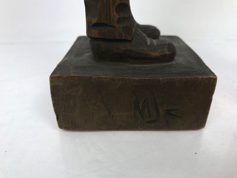 Vintage Wood Carved Sculpture Of Man With Overalls Signed MJC