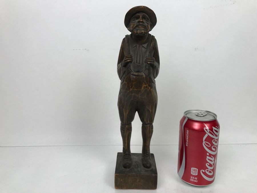 Vintage Wood Carved Sculpture Of Man With Overalls Signed MJC [Photo 3]