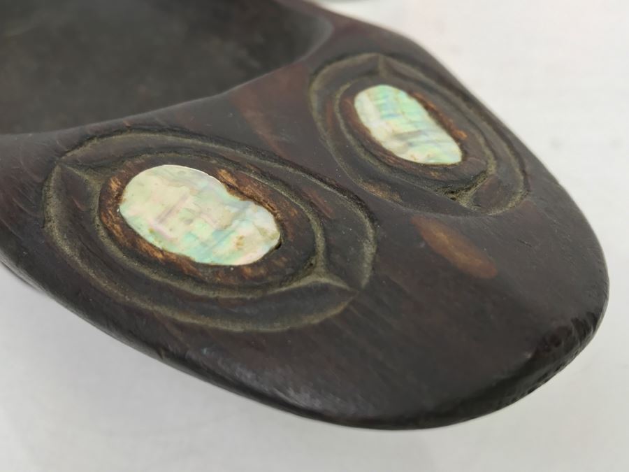 Old Sitka Alaska Native American Wooden Carved Bowl Spoon With Mother Of Pearl Eyes Fish [Photo 11]
