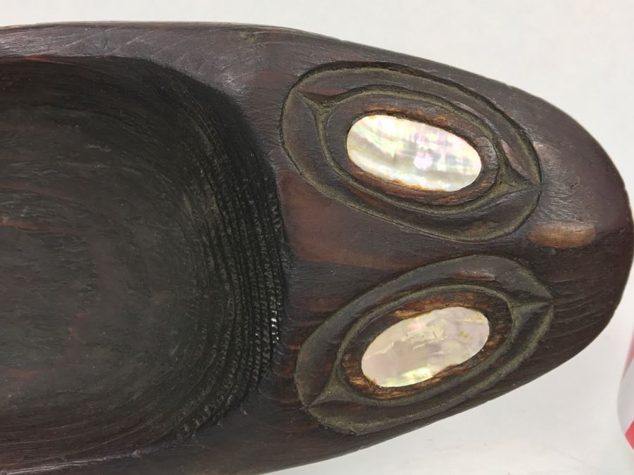 Old Sitka Alaska Native American Wooden Carved Bowl Spoon With Mother Of Pearl Eyes Fish [Photo 5]