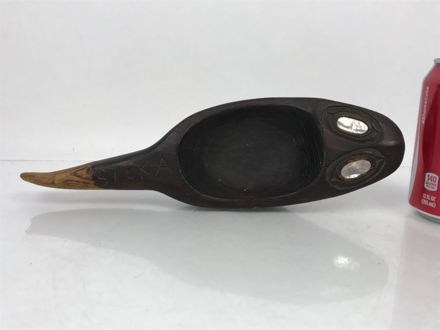 Old Sitka Alaska Native American Wooden Carved Bowl Spoon With Mother Of Pearl Eyes Fish [Photo 2]
