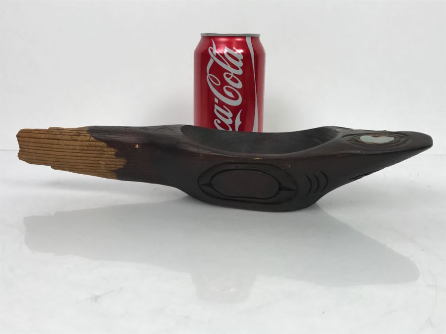Old Sitka Alaska Native American Wooden Carved Bowl Spoon With Mother Of Pearl Eyes Fish [Photo 7]