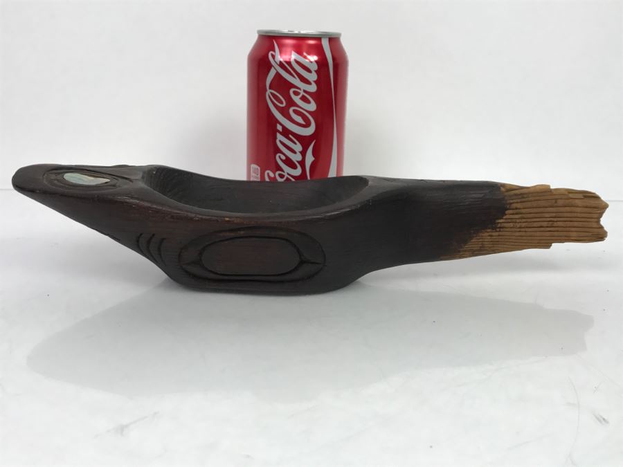 Old Sitka Alaska Native American Wooden Carved Bowl Spoon With Mother Of Pearl Eyes Fish [Photo 13]