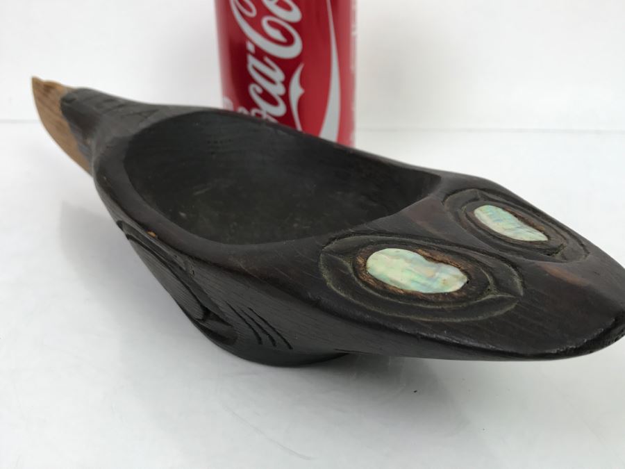 Old Sitka Alaska Native American Wooden Carved Bowl Spoon With Mother Of Pearl Eyes Fish [Photo 1]