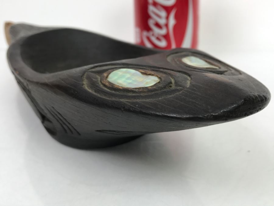 Old Sitka Alaska Native American Wooden Carved Bowl Spoon With Mother Of Pearl Eyes Fish [Photo 12]