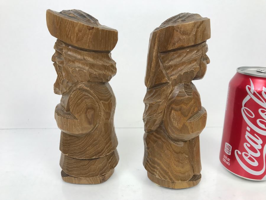 Pair Of Signed Asian Wooden Carved Sculptures Of Man And Woman [Photo 11]