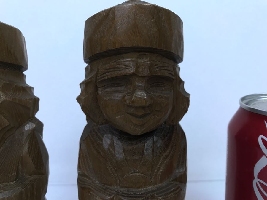 Pair Of Signed Asian Wooden Carved Sculptures Of Man And Woman [Photo 6]