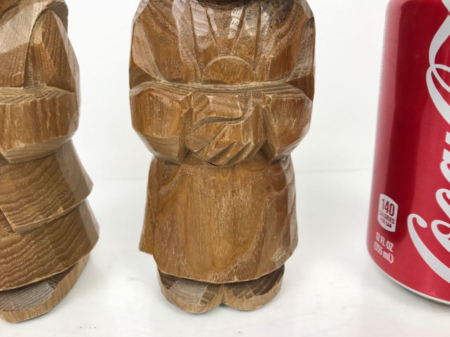 Pair Of Signed Asian Wooden Carved Sculptures Of Man And Woman [Photo 7]