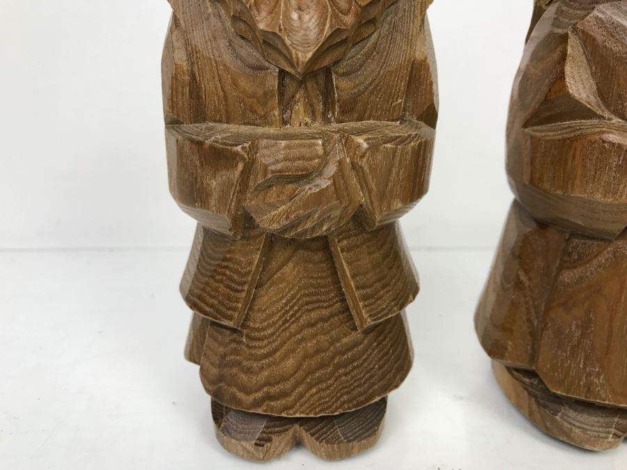 Pair Of Signed Asian Wooden Carved Sculptures Of Man And Woman [Photo 5]
