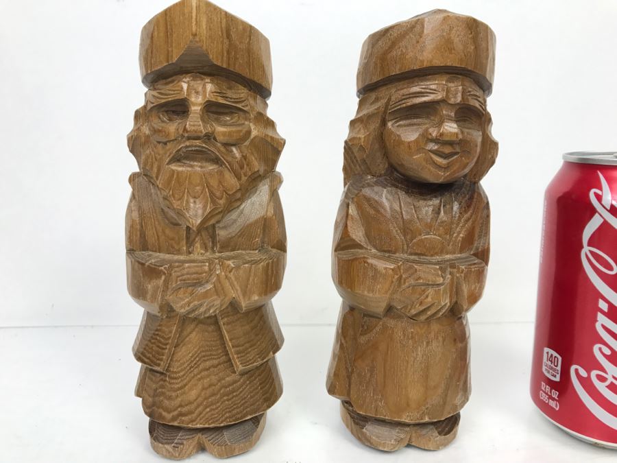 Pair Of Signed Asian Wooden Carved Sculptures Of Man And Woman