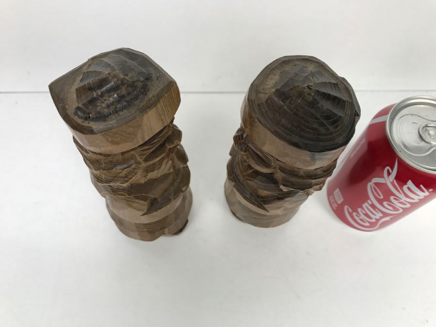 Pair Of Signed Asian Wooden Carved Sculptures Of Man And Woman [Photo 9]