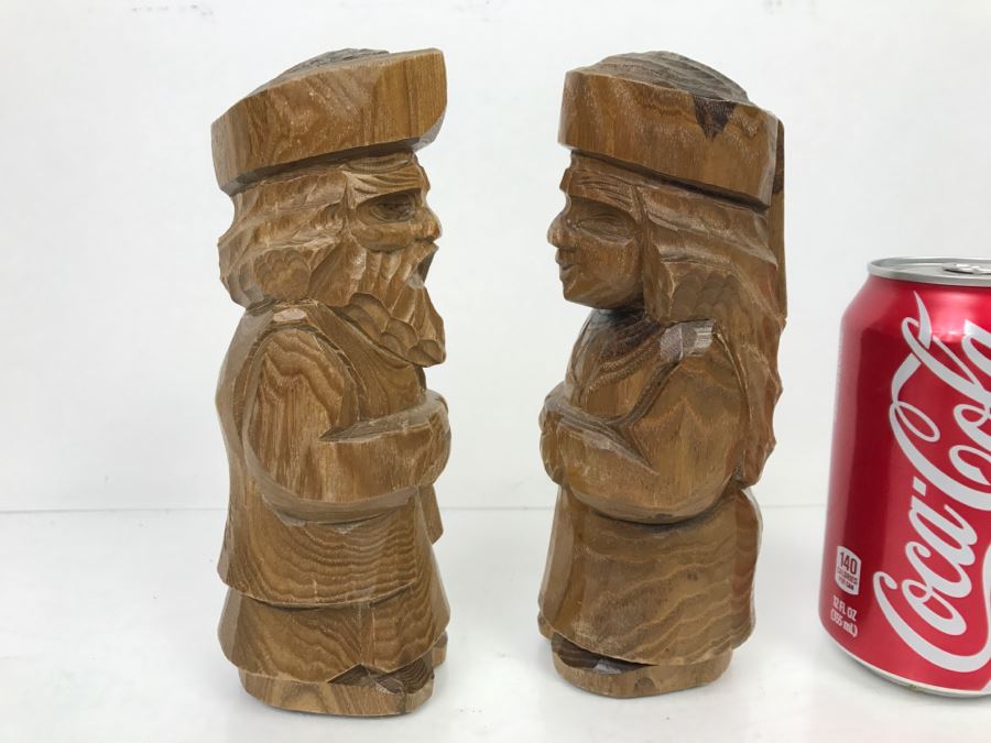 Pair Of Signed Asian Wooden Carved Sculptures Of Man And Woman [Photo 8]