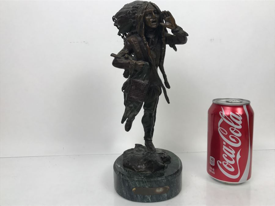 Vintage Bronze Geschutzt Signed Native American Statue Figure After Carl Kauba On Marble Base With Plaque
