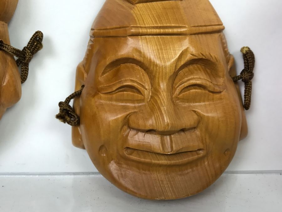 Pair Of Carved Wooden Asian Wall Hanging Faces [Photo 6]