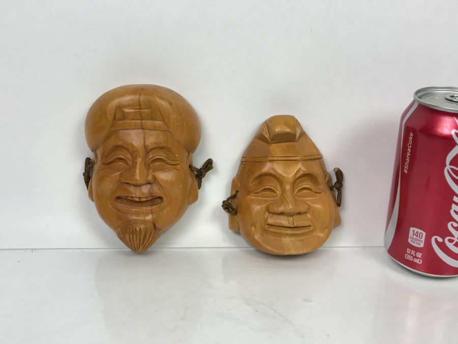 Pair Of Carved Wooden Asian Wall Hanging Faces [Photo 1]