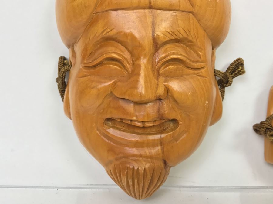 Pair Of Carved Wooden Asian Wall Hanging Faces [Photo 4]
