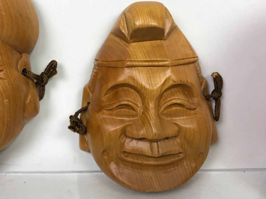 Pair Of Carved Wooden Asian Wall Hanging Faces [Photo 5]