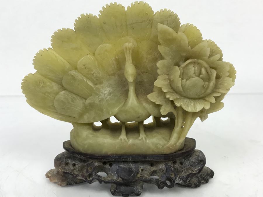 Nice Asian Soapstone Hand Carved Peacock Flower Sculpture Art [Photo 3]