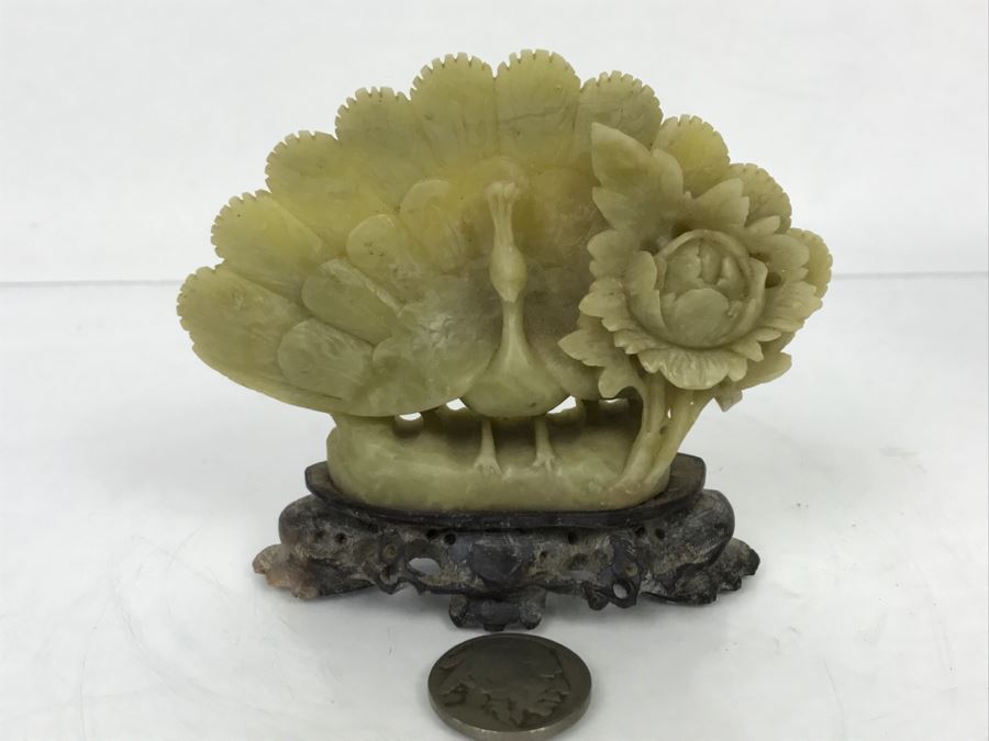 Nice Asian Soapstone Hand Carved Peacock Flower Sculpture Art