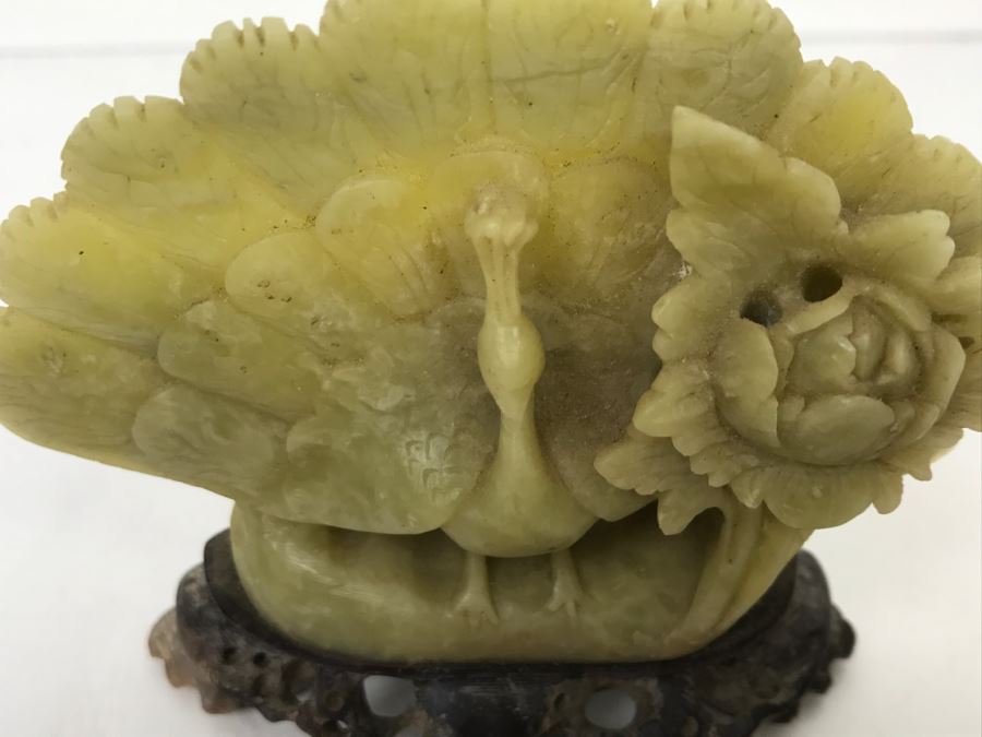 Nice Asian Soapstone Hand Carved Peacock Flower Sculpture Art [Photo 11]