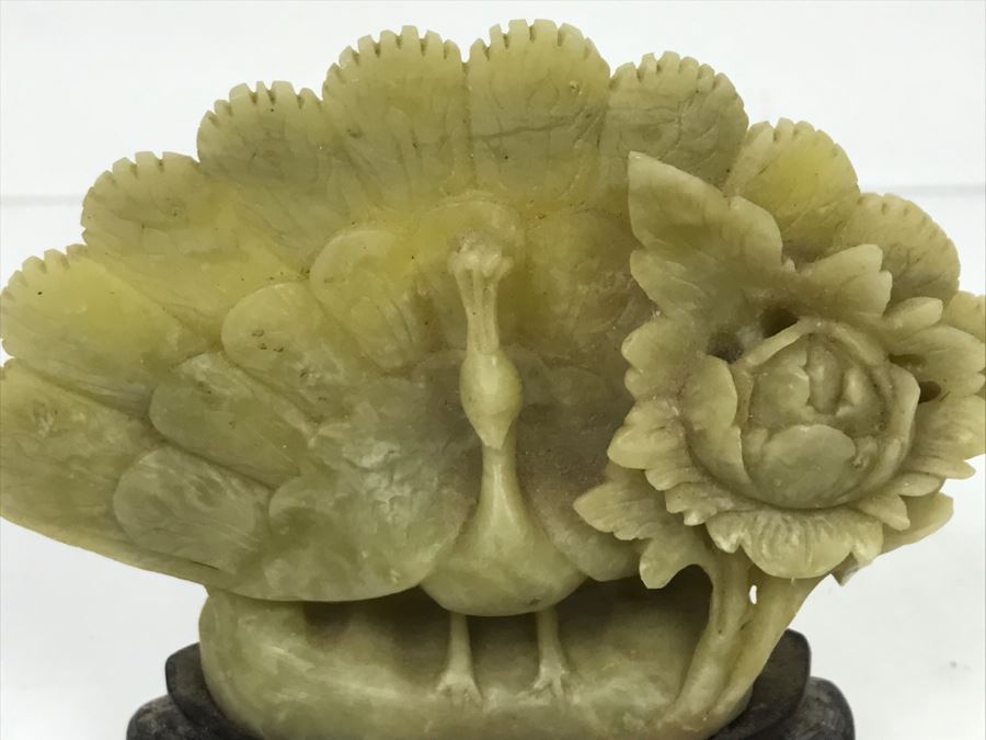 Nice Asian Soapstone Hand Carved Peacock Flower Sculpture Art [Photo 5]