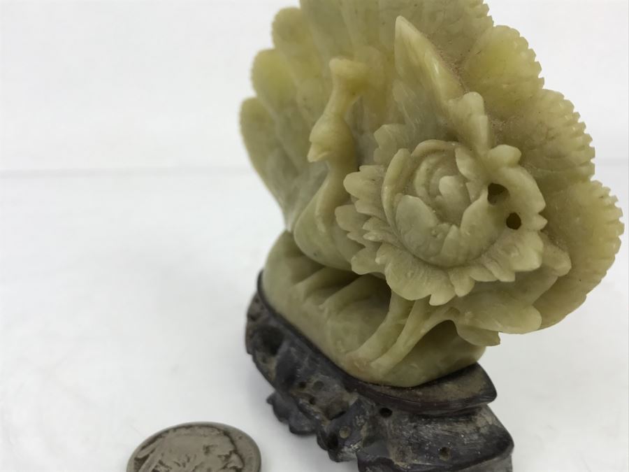 Nice Asian Soapstone Hand Carved Peacock Flower Sculpture Art [Photo 7]