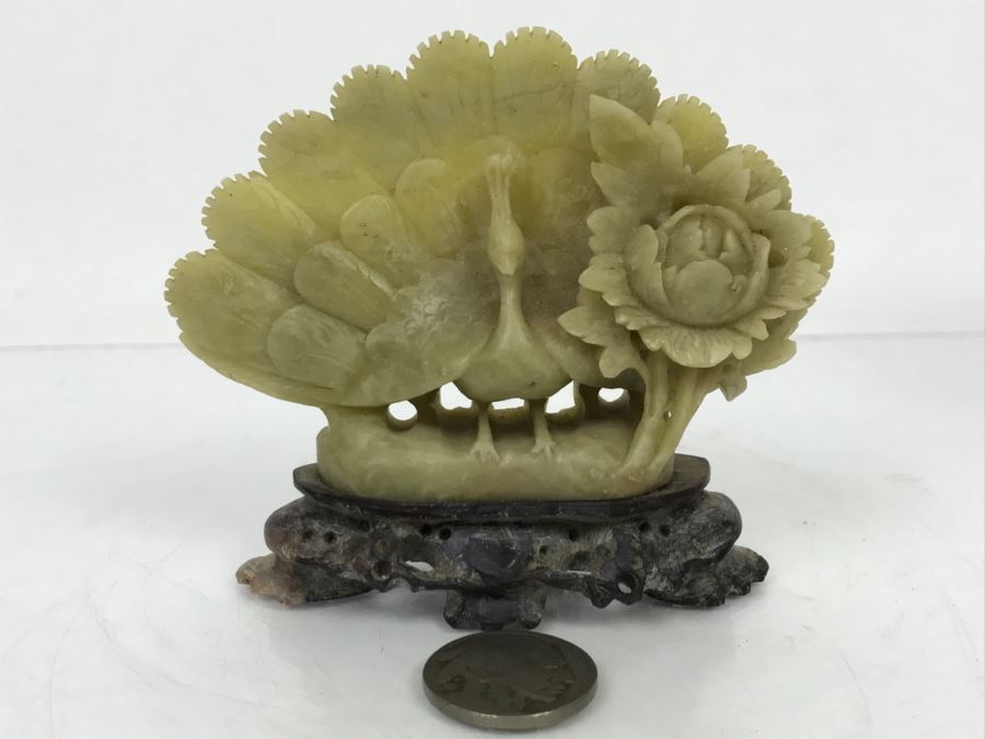Nice Asian Soapstone Hand Carved Peacock Flower Sculpture Art [Photo 2]