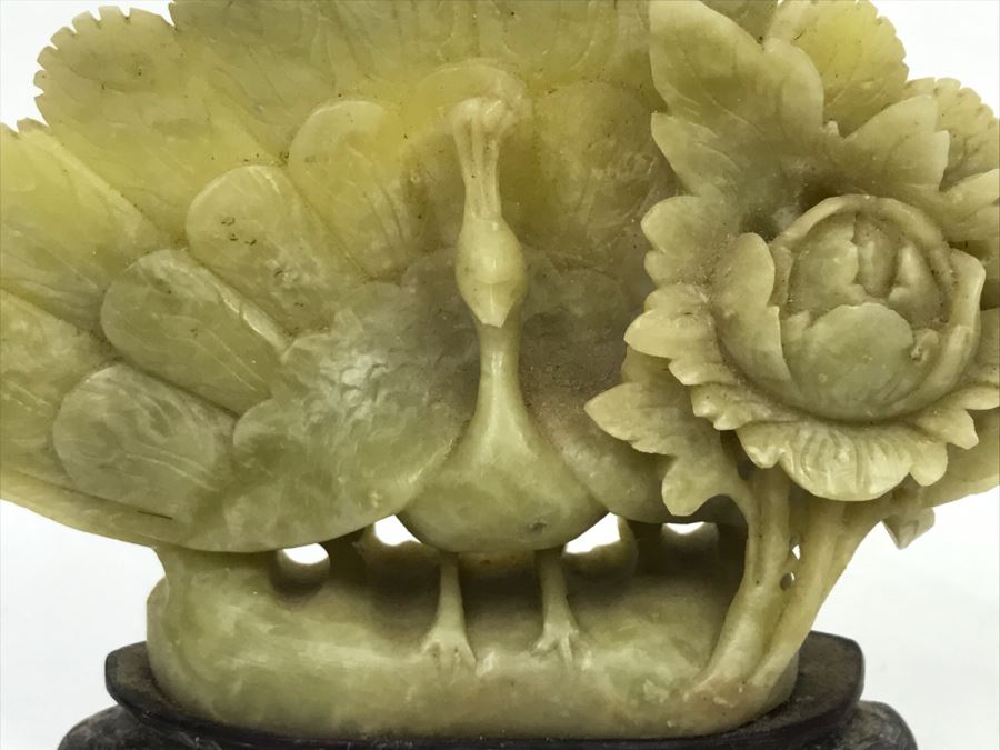 Nice Asian Soapstone Hand Carved Peacock Flower Sculpture Art [Photo 4]