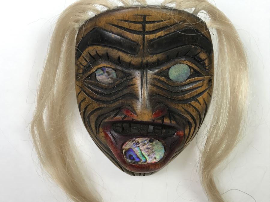 Rich LaValle Non-Indian Wood Carving Mask Made From Wood, Abalone And Paint Northwest Coastal Alaska Tlingit Highly Recognized [Photo 6]