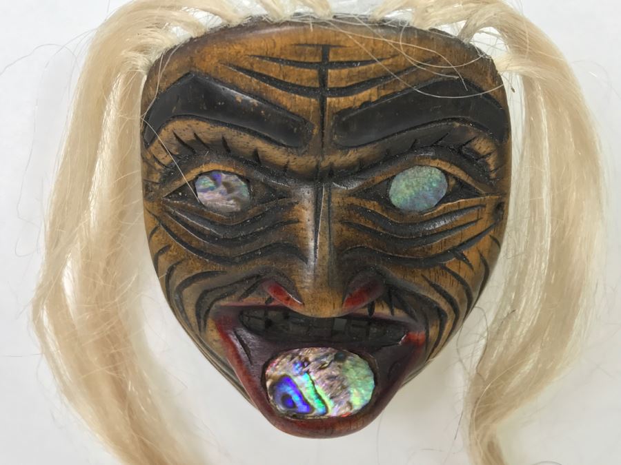 Rich LaValle Non-Indian Wood Carving Mask Made From Wood, Abalone And Paint Northwest Coastal Alaska Tlingit Highly Recognized [Photo 7]