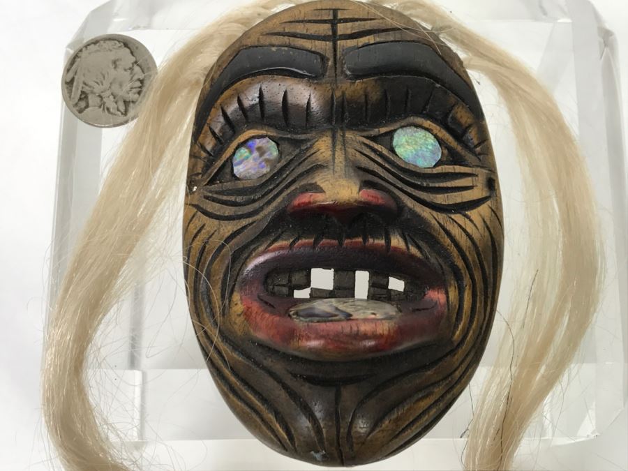 Rich LaValle Non-Indian Wood Carving Mask Made From Wood, Abalone And Paint Northwest Coastal Alaska Tlingit Highly Recognized [Photo 12]