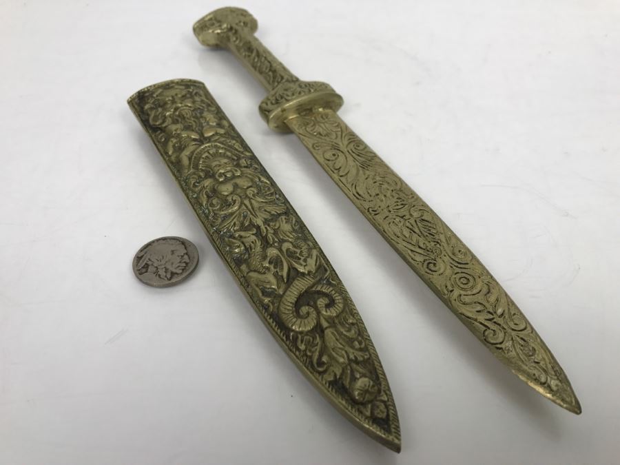 Vintage Ornate Brass Letter Opener With Sheath