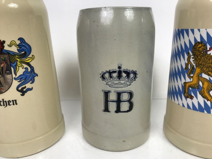 Set Of (3) Large 1L Stoneware German Beer Steins Mugs [Photo 2]