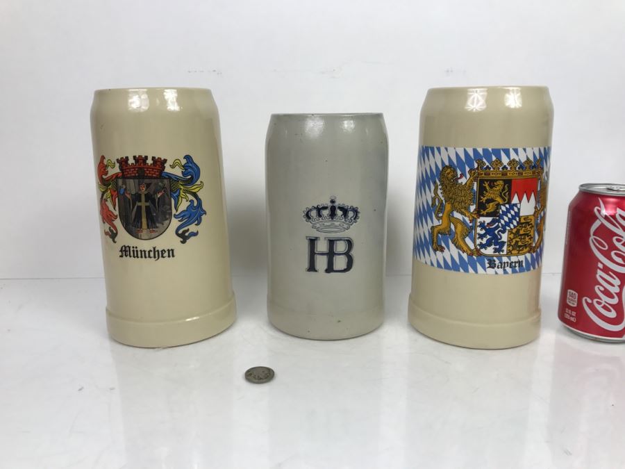 Set Of (3) Large 1L Stoneware German Beer Steins Mugs