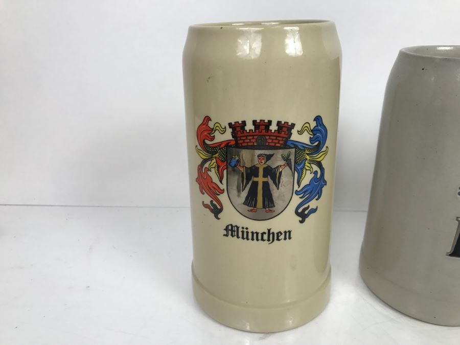 Set Of (3) Large 1L Stoneware German Beer Steins Mugs [Photo 4]