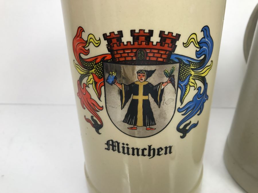 Set Of (3) Large 1L Stoneware German Beer Steins Mugs [Photo 5]