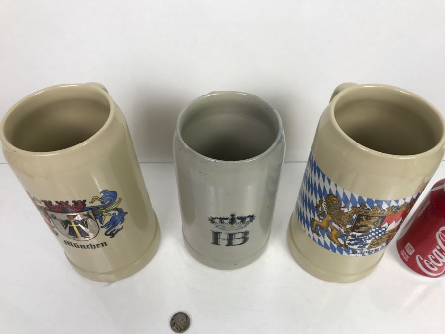Set Of (3) Large 1L Stoneware German Beer Steins Mugs [Photo 7]