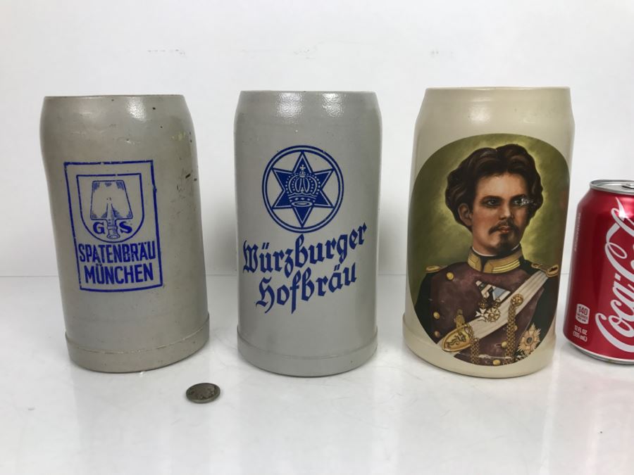 Set Of (3) Large 1L Stoneware German Beer Steins Mugs