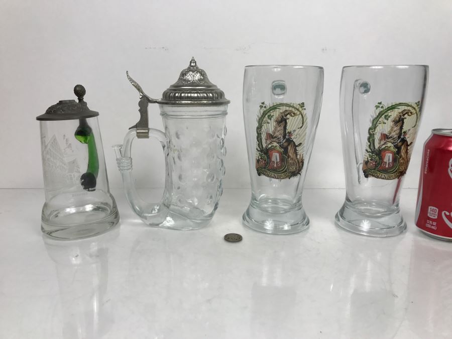 Set Of (4) Glass German Beer Steins [Photo 1]
