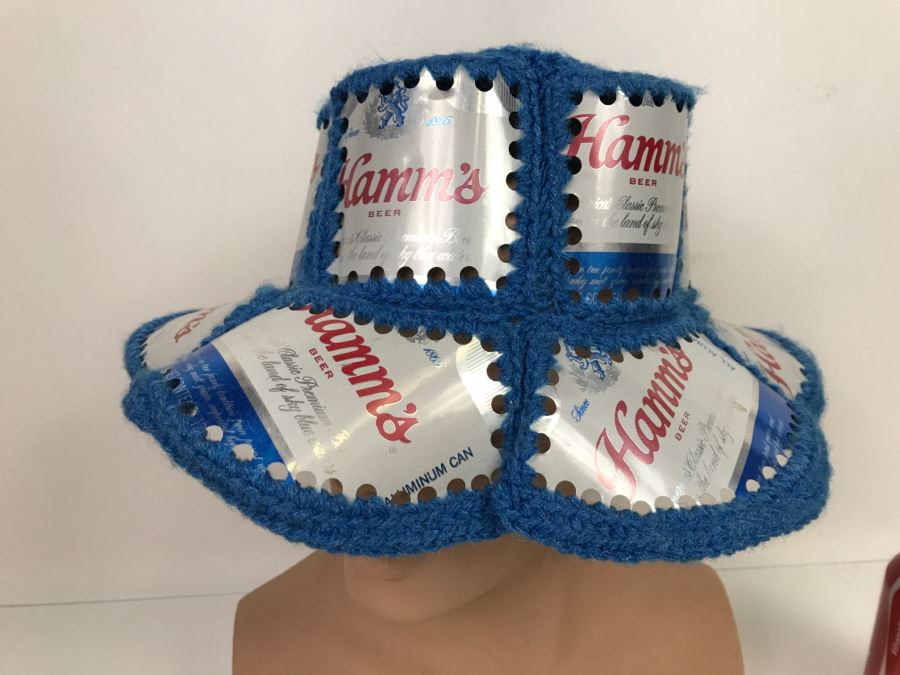 Vintage Advertising Crochet Hat With Hamm's Beer Aluminum Cans [Photo 3]