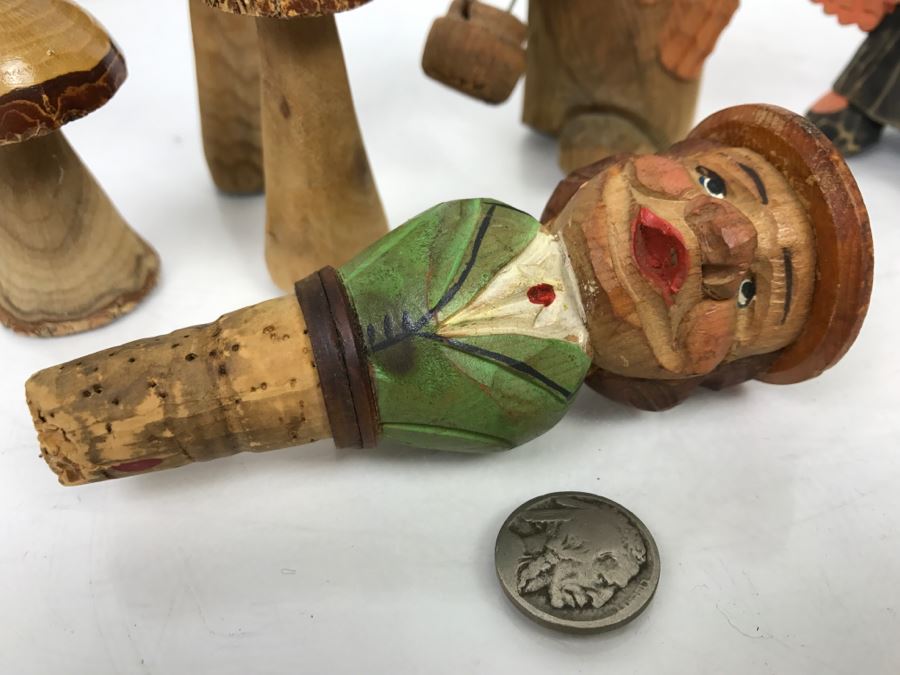 Set Of (2) Hand Carved Wooden Figures, (3) Wooden Mushrooms And Carved Wood Wine Stopper [Photo 5]